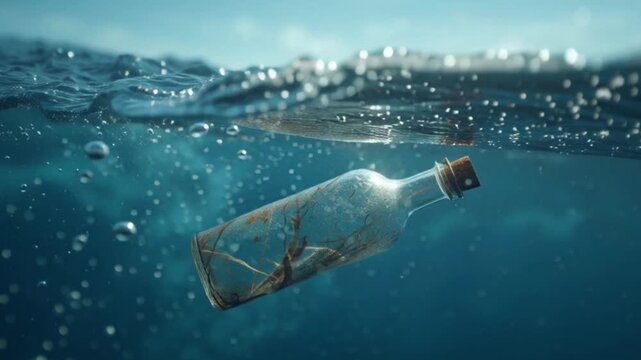 Cinematic Split-View of a Message in a Bottle Floating in the Blue Ocean, Capturing Half Above and Half Below the Water Line, Revealing a Serene, Mysterious, and Beautiful Story of Hope and Discovery