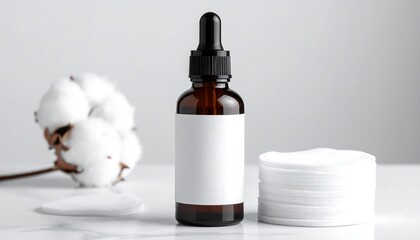 Serum bottle with cotton flower and pads for skincare routine.
