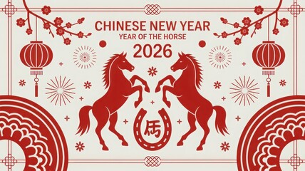 Chinese new year 2026 year of the horse celebration, red horses, lanterns, blossoms vector illustration