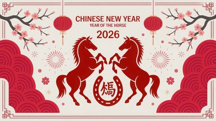 Festive chinese new year 2026 year of the horse illustration with twin auspicious rearing horses and lanterns.