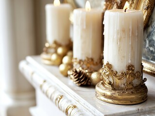 Candles with golden ornaments and pine cones adorn a beautifully decorated mantle in a cozy home setting