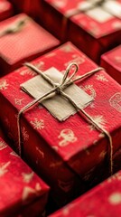 Close-up view of festive red and gold wrapped presents ready for the holiday season captured in a cozy indoor setting