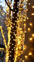 Bright fairy lights create a soft and dreamy atmosphere on trees during a festive evening in the city
