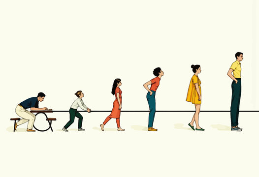 Illustration Depicting Human Growth Stages from Childhood to Adulthood in a Sequential Visual Progression Demonstrating Physical and Emotional Development