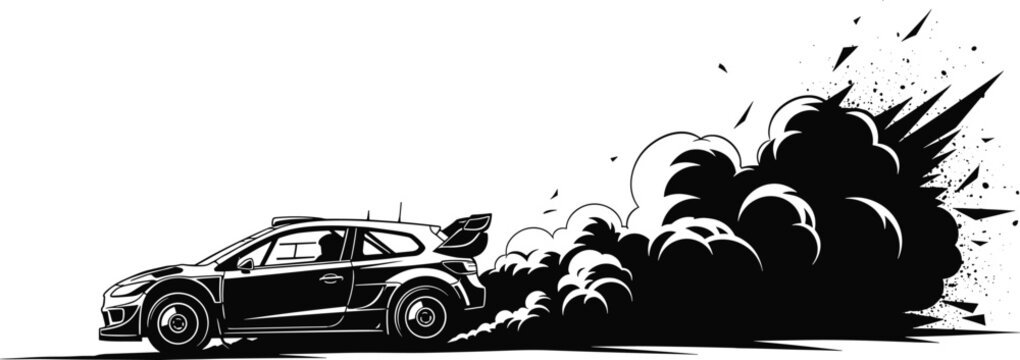 Rally car kicking up dust and debris in black and white, rally car, racing, dust, smoke, debris, speed, motion, action, black and white, monochrome, graphic, illustration, vector, sports, competition,