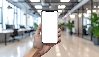 Hand holding smartphone with blank screen in modern office space.