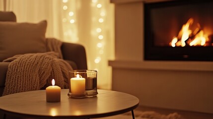 Cozy living room with warm fireplace glow and softly blurred garland lights creating a relaxing atmosphere for the evening
