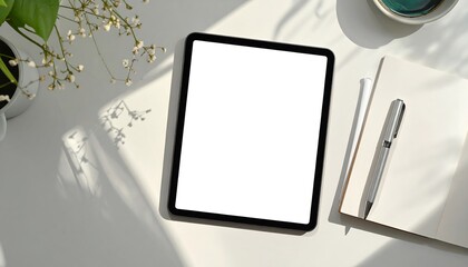 Minimalist Workspace with Tablet, Notebook, and Flowers in Natural Light.