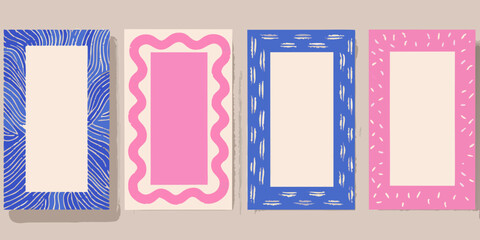 Four vertical abstract frames with bold blue and pink designs on a neutral background