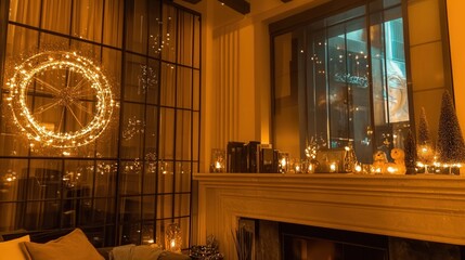 Sparkling warm lights creating a cozy ambiance in a modern living room during a winter evening