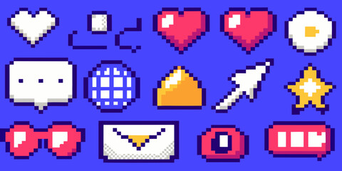 Collection of retro 8 bit pixel art icons for games and user interface design
