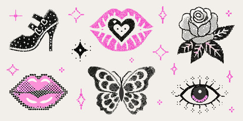 Collection of stylized pop art icons including a high heel shoe lips rose butterfly and eye with sparkling accents