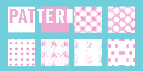 Collection of abstract pink and white patterns and textures on a blue background with the word pattern