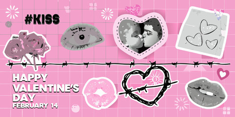 Happy valentine s day february 14 with kiss hashtag roses and heart symbols on pink grid background