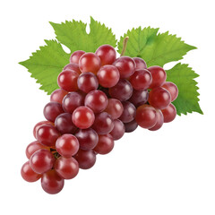 Fototapeta premium Bunch of ripe red grapes with green leaves, cutout, PNG isolated on white or transparent background