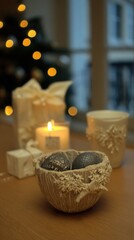 Cozy living room adorned with Christmas decorations featuring candles ornaments and gifts in a warm and inviting atmosphere during the festive season