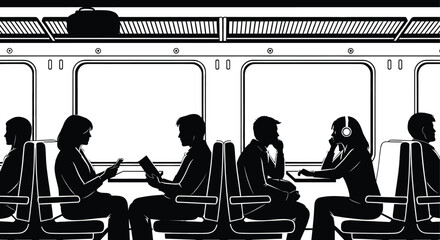 Silhouettes of people traveling in a train interior, train, interior, travel, transportation, passenger, silhouette, people, sitting, window, luggage, commuting, journey, public transport, black and w