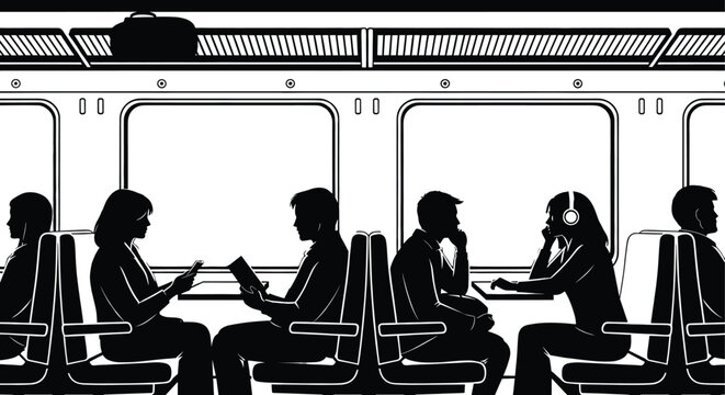 Silhouettes of people traveling in a train interior, train, interior, travel, transportation, passenger, silhouette, people, sitting, window, luggage, commuting, journey, public transport, black and w