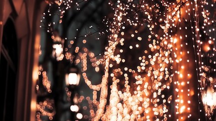 Garland lights create a magical atmosphere with blurred background circles during a night stroll in an enchanting setting