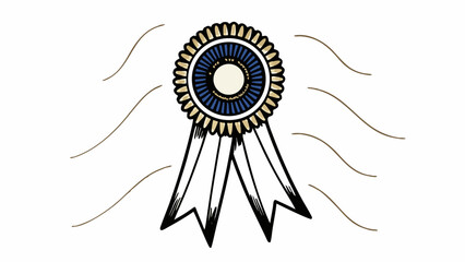 Hand drawn illustration of a blue and gold rosette ribbon award with flowing streamers on a white background