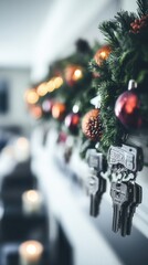 Garlands glow warmly in a cozy interior space with festive decorations and keys hanging on the wall