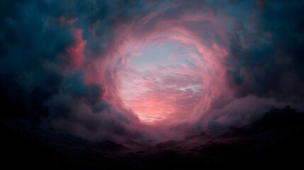 Naklejka premium A dramatic swirling vortex of twilight clouds in vibrant pink and deep blue hues creating a mysterious portal to another realm