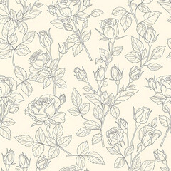 Fototapeta premium Seamless pattern of delicate rose outlines on a cream background, vintage floral illustration