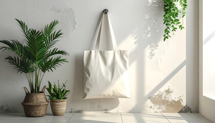 Minimalist Interior with Tote Bag and Green Plants.