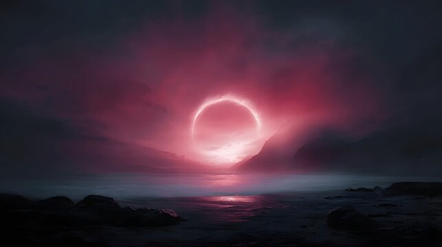 A surreal ring of light glows in a crimson cloudy sky over a dark misty ocean landscape - Powered by Adobe