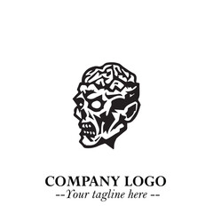 Head of Zombie Logo Symbol in Black on the White Background with Horror Minimal Vector Design
