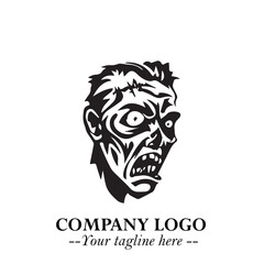 Head of Zombie Logo Symbol in Black on the White Background with Horror Minimal Vector Design
