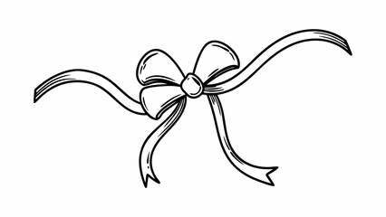 Elegant hand drawn black and white bow with flowing ribbons on a white background