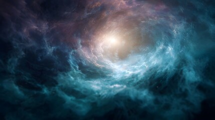 A vivid cosmic nebula swirls with bright central light evoking a sense of wonder and the vastness of space