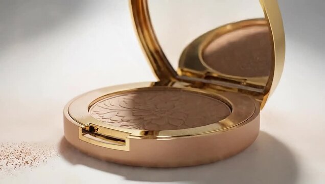 Elegant gold bronzer compact in motion for a glamorous beauty routine, showcasing luxury makeup application and radiant skin enhancement in a makeup tutorial