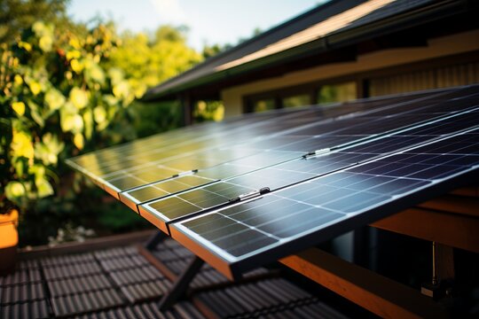 Solar panels installed on a rooftop, capturing sunlight with greenery in the background, showcasing renewable energy technology and sustainable living practices