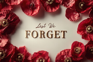 Red poppies arranged in a circle with the words 'Lest We Forget' in the center. Remembrance day background