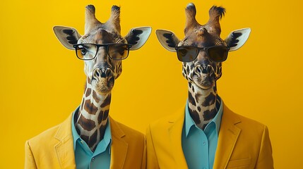 Two stylish giraffes wearing suits and glasses on a bright yellow background © Ummeya