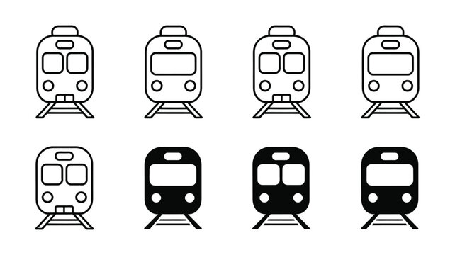 Collection of diverse train icons: modern subway and railway transportation symbols in line art and solid fill styles.