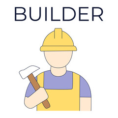 Flat vector illustration of a builder. An icon of a worker in overalls and a helmet with a hammer. A concept for various projects about construction, renovation, reliability, strength, progress