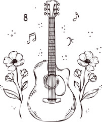 An engraving art style illustration acoustic guitar with flowers and musical notes