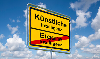 Ein Verkehrsschild ist beschriftet mit KI-Intelligenz als Symbolbild für Künstliche Itelligenz...