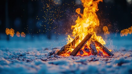 Winter campfire Logs burning in snow, sparks flying. Warm light, dark backdrop