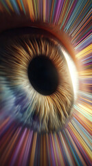Vibrant Macro Eye Iris with Colorful Light Streaks and Digital Energy Flow Vertical Concept