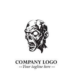 Head of Zombie Logo Symbol in Black on the White Background with Horror Minimal Vector Design