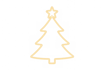 Outline of a christmas tree with a star glowing in golden neon light, creating a festive holiday decoration on a transparent background