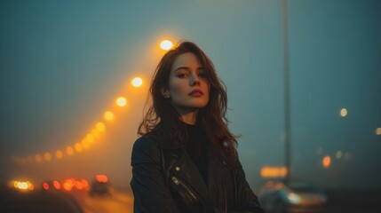 Editorial portrait of woman in leather coat walking on foggy street with golden light