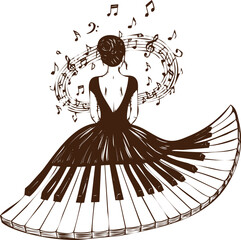 An engraving art style illustration artistic illustration of a woman in a dress made of piano keys, with musical notes swirling around her head