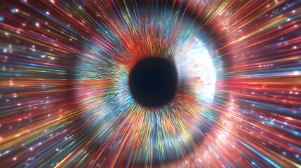 Vibrant Macro Eye Iris with Colorful Light Streaks and Digital Energy Flow Concept