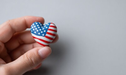 A hand holds a small heart-shaped object with the American flag design on it.