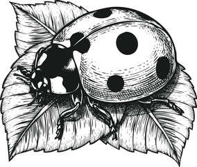 An engraving art style illustration detailed illustration of a ladybug resting on green leaves